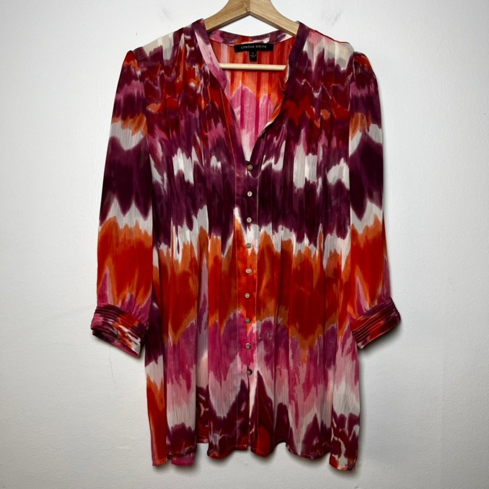 Cynthia Steffe V-Neck Pleated‎ Tunic Length Blouse 3/4 Sleeve Pink size medium